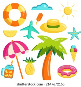 Vector flat collection of summer elements. Set of cute summer symbols. Airplane, palm tree, ice cream, umbrella, starfish.