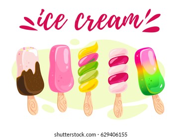 Vector flat collection of tasty sweet ice cream cones isolated on white background. Food illustration good for menu and packaging design. Cold delicious ice cream summer dessert set.