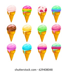 Vector flat collection of tasty sweet ice cream cones isolated on white background. Food illustration good for menu and packaging design. Cold delicious ice cream summer dessert set.