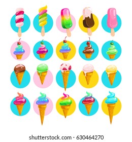Vector flat collection of tasty sweet ice cream cone and eskimo isolated on white background. Food illustration good for menu and packaging design. Cold delicious ice cream summer dessert set.