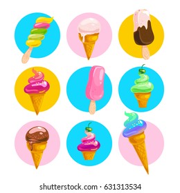 Vector flat collection of tasty sweet ice cream cone and eskimo isolated on white background. Food illustration good for menu and packaging design. Cold delicious ice cream summer dessert set.