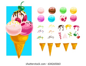 Vector flat collection of tasty sweet colorful ice cream cones elements isolated on white background. Food illustration generator creator for menu, packaging design. Cold delicious summer dessert set.