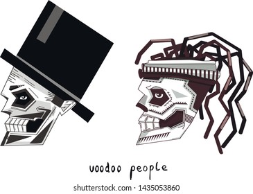 vector flat collection of two most famous loas of African voodoo - Papa Legba and Baron Samedi. Can be also used for themes of aesthetic of death, Halloween, Dia de los Muertos etc.