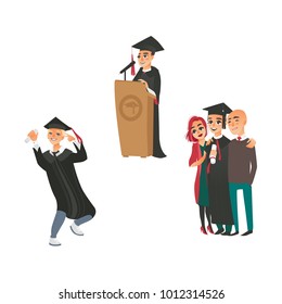 vector flat college university graduates scenes set. Boy standing hugging parents another boy in graduation gown, caps dancing smiling holding diploma, man speaking from tribune. Isolated illustration