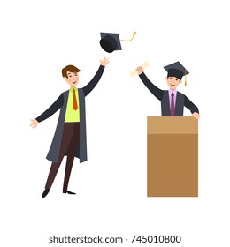 vector flat college, university graduates scenes set. Boy in graduation gown, cap speaking in microphone at tribune, another man throwing up hat. Isolated illustration, white background