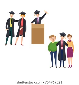 vector flat college, university graduates scenes set. Boy standing hugging parents, friends in graduation gown, caps celebrating holding diplomas, man standing near tribune. Isolated illustration