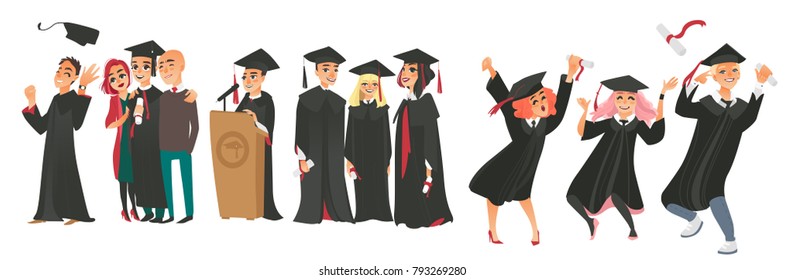 vector flat college, university graduates scenes set. Boy standing hugging parents, friends in graduation gown, caps standing smiling holding diplomas celebrating, dancing. Isolated illustration.