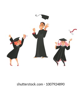 vector flat college, university happy graduate characters celebrating , boys and girls in graduation gown, cap holding diploma throwing up dancing. Isolated illustration on a white background.