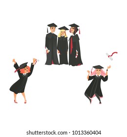 vector flat college, university happy graduate characters celebrating , boys and girls in graduation gown, cap holding diploma throwing up dancing. Isolated illustration on a white background.