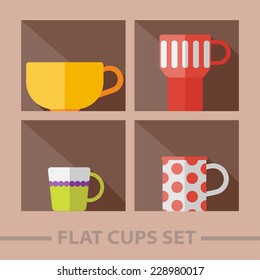 Vector flat color cups on shelf set. Eps10
