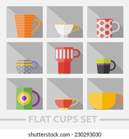 Vector flat color cups on shelf set. Eps10