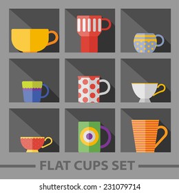 Vector flat color cups on shelf set. Eps10