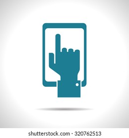 Vector flat color hand of the person with the phone  on white background . Concept of communication in the network 