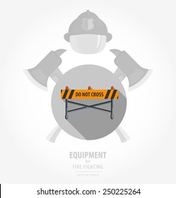 Vector flat color icon illustrations, equipment for firefighter or volunteer. Color image, black and white background, emblem shield and axe. Fire roadblock, flashing lights with the words and stripes