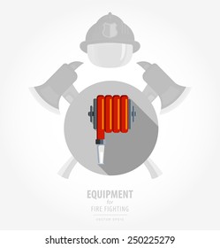 Vector flat color icon illustrations, equipment for firefighter or volunteer. Color image on black and white background in form emblem of the shield and ax. Red fire hose