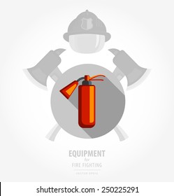 Vector flat color icon illustrations, equipment for firefighter or volunteer. Color image on black and white background in form emblem of the shield and ax. fire extinguisher