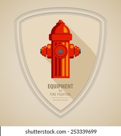 Vector flat color icon illustrations - equipment for firefighter or volunteer. Color image on light background in form emblem of the shield. Yellow red fire hydrant