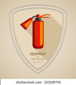 Vector flat color icon illustrations - equipment for firefighter or volunteer. Color image on black and white background in form emblem of the shield. Yellow red fire extinguisher