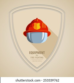 Vector flat color icon illustrations - equipment for firefighter or volunteer. Color image on light background in form emblem of the shield. Red firefighter helmet with protective glass