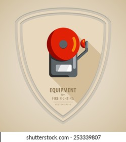 Vector flat color icon illustrations - equipment for firefighter or volunteer. Color image on light background in form emblem of the shield. emergency fire alarm system, signal