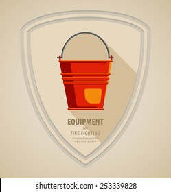 Vector flat color icon illustrations - equipment for firefighter or volunteer. Color image on black and white background in form emblem of the shield and axe. Yellow red Fire bucket