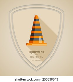 Vector flat color icon illustrations - equipment for firefighter or volunteer. Color image on light background in form emblem of the shield. orange yellow traffic cone, black stripes