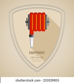 Vector flat color icon illustrations - equipment for firefighter or volunteer. Color image on light background in form emblem of the shield. Yellow red hose from fire hydrant