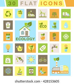 Vector Flat Color Icons. Ecology Concept: Eco House, Recycle, Green And Solar Energy. Set For Mobile, Web, Apps, Interface Design. EPS10.