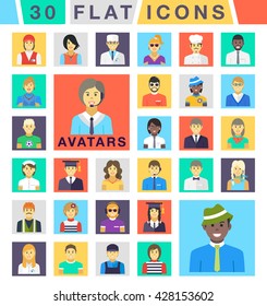 Vector flat color icons. People avatars: man, woman, different professions and character. Set for mobile, web, apps, interface design. EPS10.