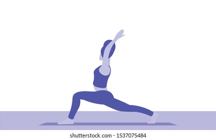 Vector flat color isolated woman stretches the entire front of the torso, the ankles,  back muscles in yoga warrior pose Asana Virabhadrasana. Concept of sport, healthy lifestyle