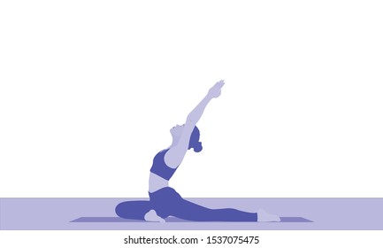 Vector flat color isolated young woman stretches the entire body in yoga  pigeon pose Asana Pada Radha Kapotasana. Concept of sport, healthy lifestyle