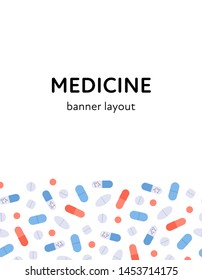 Vector flat color pill banner frame. Colorful red, blue, yellow, white pills isolated on white background in horizontal border with text. Design element for medical pharma web, poster, advertisment.
