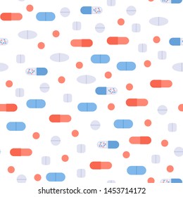 Vector flat color pill seamless pattern. Colorful red, blue, yellow, white pills in rows isolated on white background. Design tile element for web, banner, poster, presentation, textile, ui.