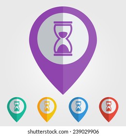 Vector flat color pins with hourglass icon 