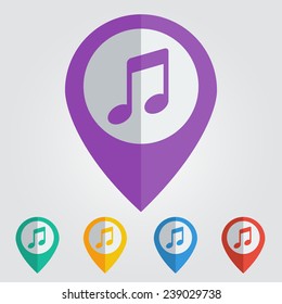 Vector flat color pins with music icon 
