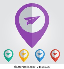 Vector flat color pins with paper plane icon