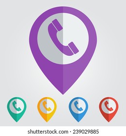 Vector flat color pins with phone icon 