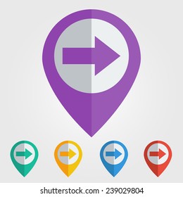Vector flat color pins with right arrow icon 