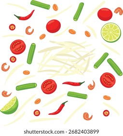 vetor cor plana de Som Tum ingredientes apimentados Salada de mamão verde tailandês com tomates, feijão verde, amendoim, camarão, calda de limão