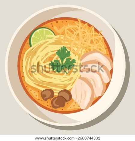 vector flat color of Thai food bowl of Khao Soi Thai curry noodle soup with egg noodles sliced chicken, lime, coriander, and crispy fried noodles.