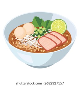 Vector de sopa de fideos tailandeses de color plano con fideos de arroz, carne de cerdo en rodajas, bolas de pescado, cebolletas picadas y una rodaja de lima fresca en un tazón