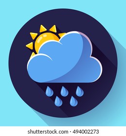 Vector flat color weather icon meteorology icon with long shadow - rain and sun
