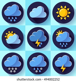 Vector flat color weather icons set meteorology icons set with long shadow