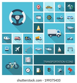 Vector Flat Colored Icons With Long Shadows. Transportation Set For Business, Industry, Internet, Computer And Mobile Apps: Car, Wheel, Helicopter, Bicycle Symbols In Modern Graphic Illustration.