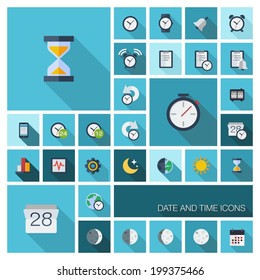 Vector flat colored icons with long shadows. Date and time pictograms in graphic illustration for business, management, web, mobile apps, interface design: clock, alarm, calendar, organizer symbols