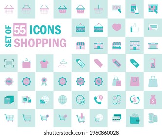 Vector flat colored icons set. Shopping elements in graphic illustration. Shopping icons set.