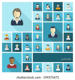 Vector flat colored icons set with long shadows. Illustration of people avatars for web, social, management, business, internet, mobile apps, interface design: man,woman, worker, doctor, worker, nurse