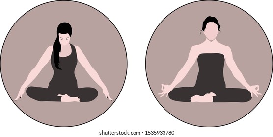 Vector flat colored isolated women. One lady is sitting with raised arms, crossed legs' lotus pose, makes Mrigi Mudra, another woman is doing Jalandhara Bandha. Concept of sport, healthy lifestyle