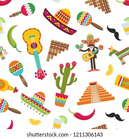 Vector flat colored mexico attributes set pattern or background illustration