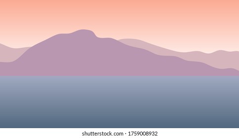 Vector flat colored mountains and sea landscape
